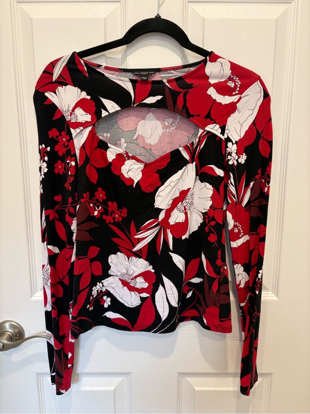 Guess women's Red Floral Cutout Long-Sleeve Top